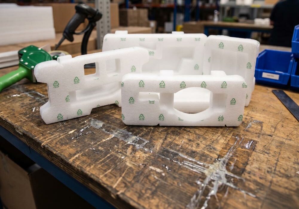 Ethafoam foam pieces on a packing bench in a fulfilment centre