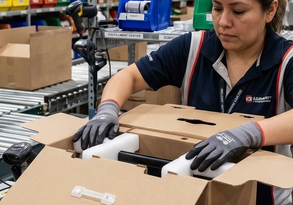 A person placing a product with Ethafoam end caps into corrugated packaging