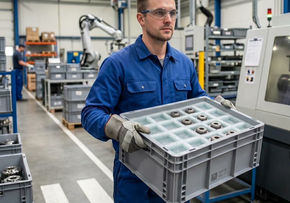 Foam container inserts A person carrying components in foam container inserts through a factory