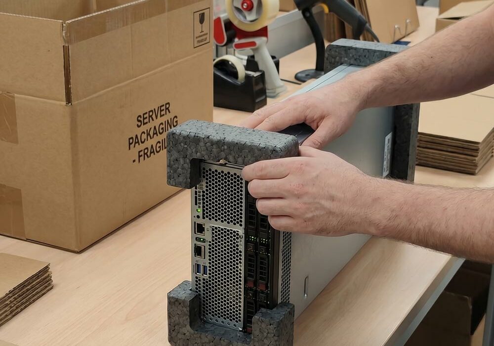 A person packing an electronics device using ARPLANK recycled material end-caps