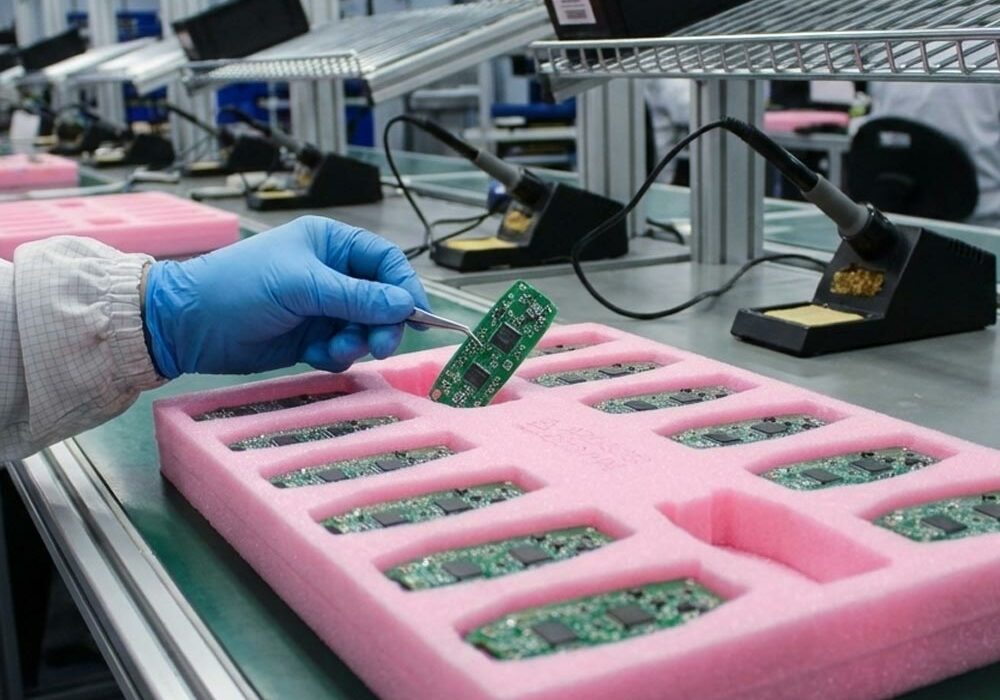 A person placing computer chips into anti-static foam in a factory