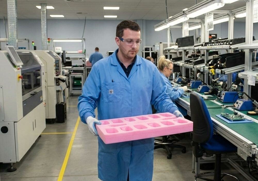 A person carrying ESD foam in an electronics factory