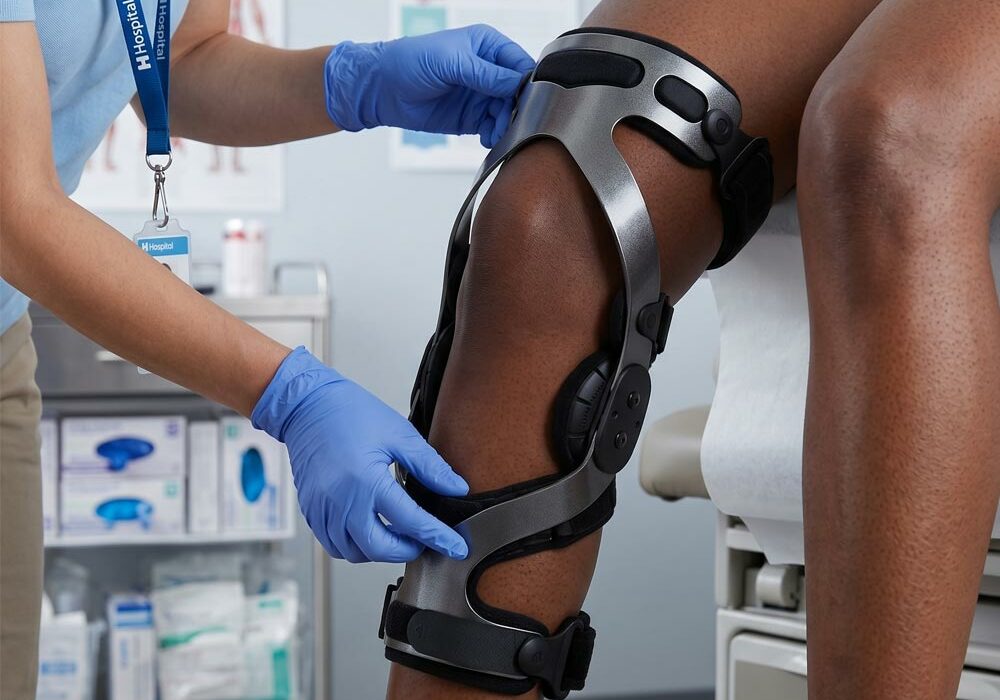 Medical Evazote A person having a knee support fitted with Evazote pads