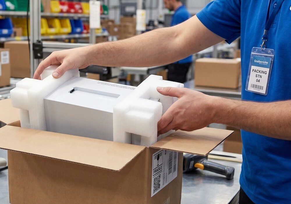 PE foam packaging A person placing PE foam packaging into a box in a factory