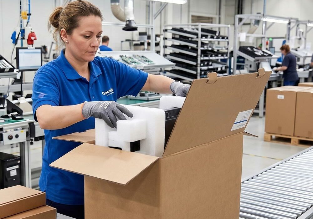 A person packing Stratocell packaging into a cardboard box in a factory