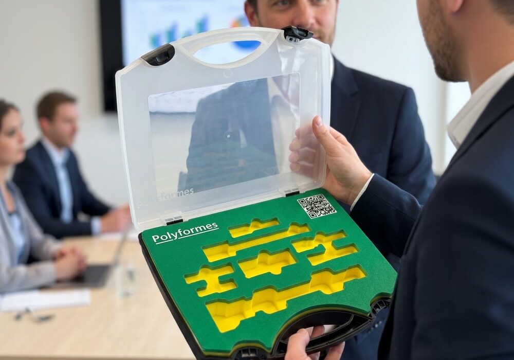 Custom foam inserts A salesperson holding a sample case with custom foam inserts