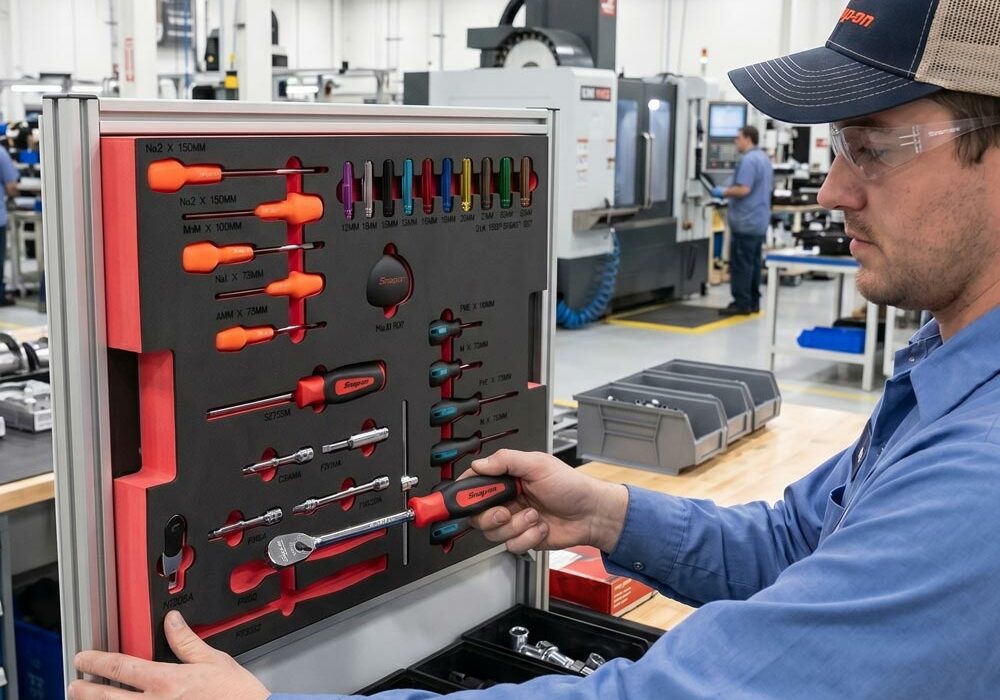 A person using a 5S shadowboard in a factory