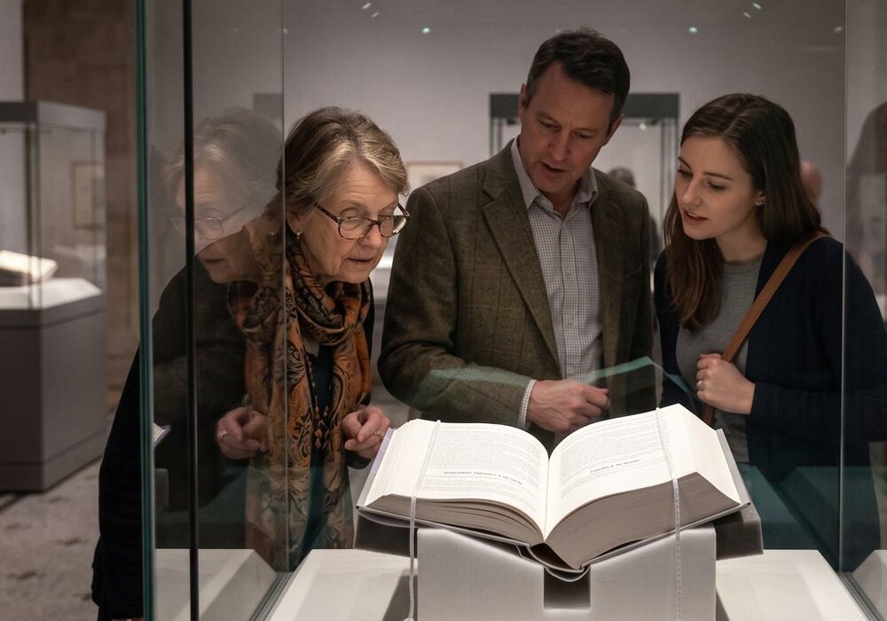 Book support People looking at an historical document on a book support in a museum
