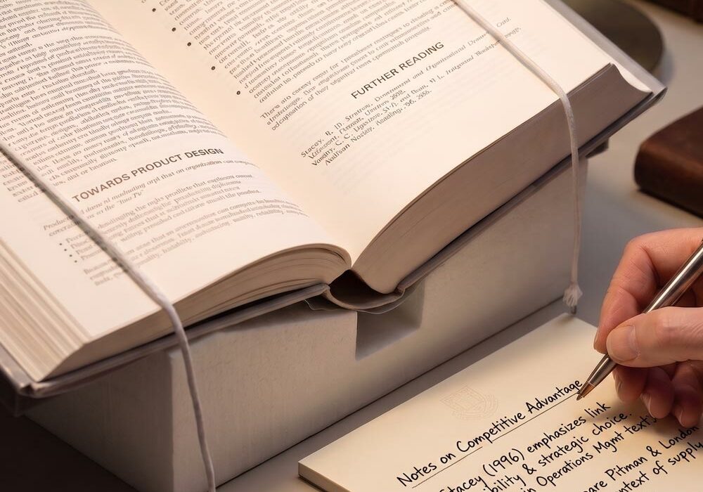 Book wedges A person taking notes from a document on a book wedge