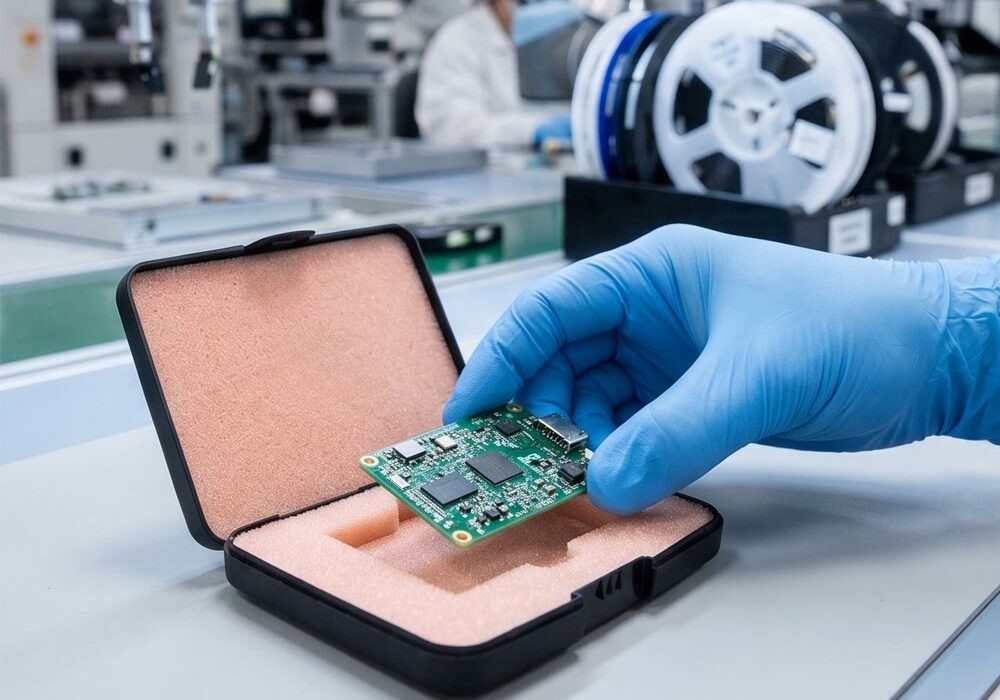 CPC box A person placing a PCB into a plastic box with foam