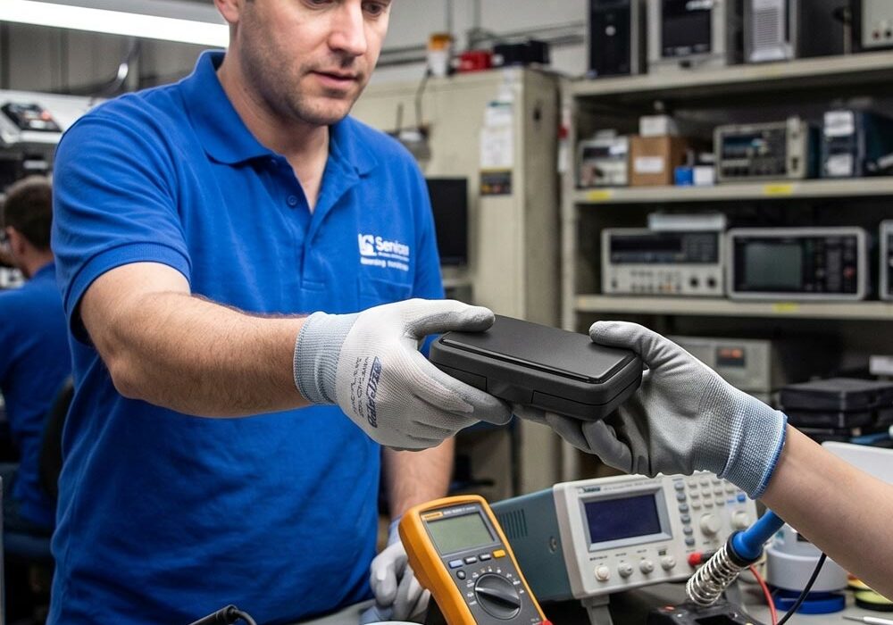 Component box A person handing a component box to a colleague in a workshop
