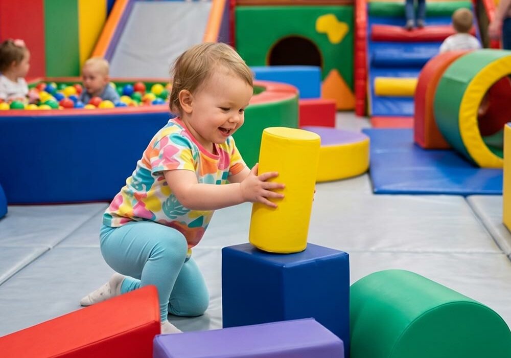 Covered foam shapes soft play A child playing with covered foam shapes at a soft-play