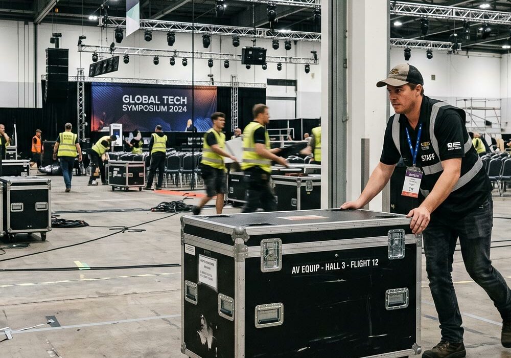 A person pushing a custom protective case through an event setup