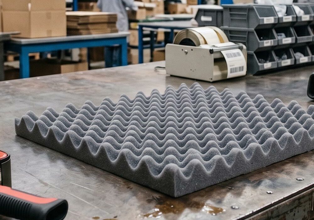 Egg box foam on a work bench in a factory