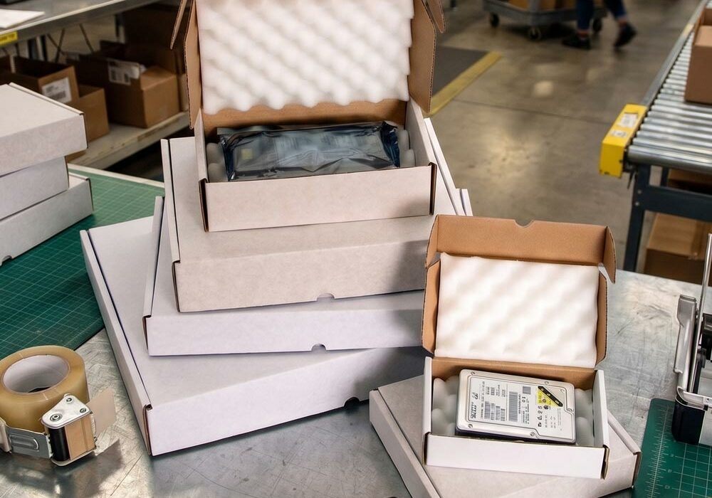 Egg carton foam on a packing bench in a fulfilment centre