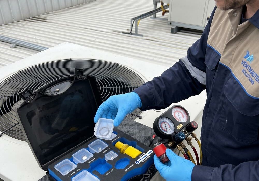 A service technician taking an item out of an equipment case.