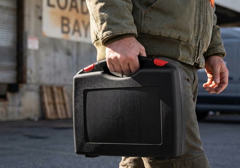 Ergoline carry cases A person carrying an ErgoLine carry case