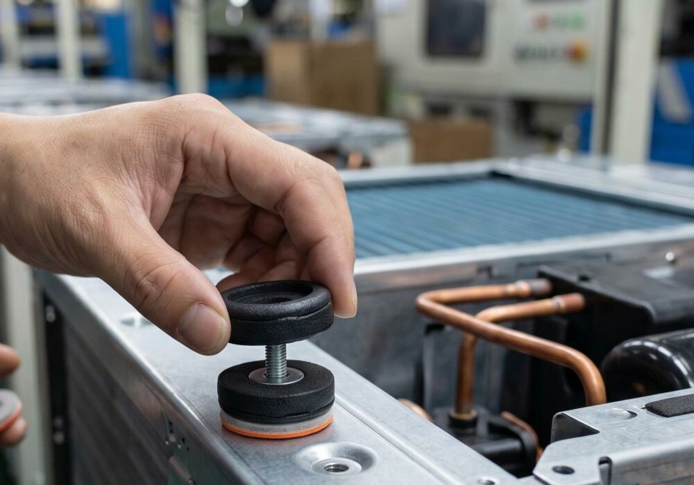 A person using small foam components in a factory