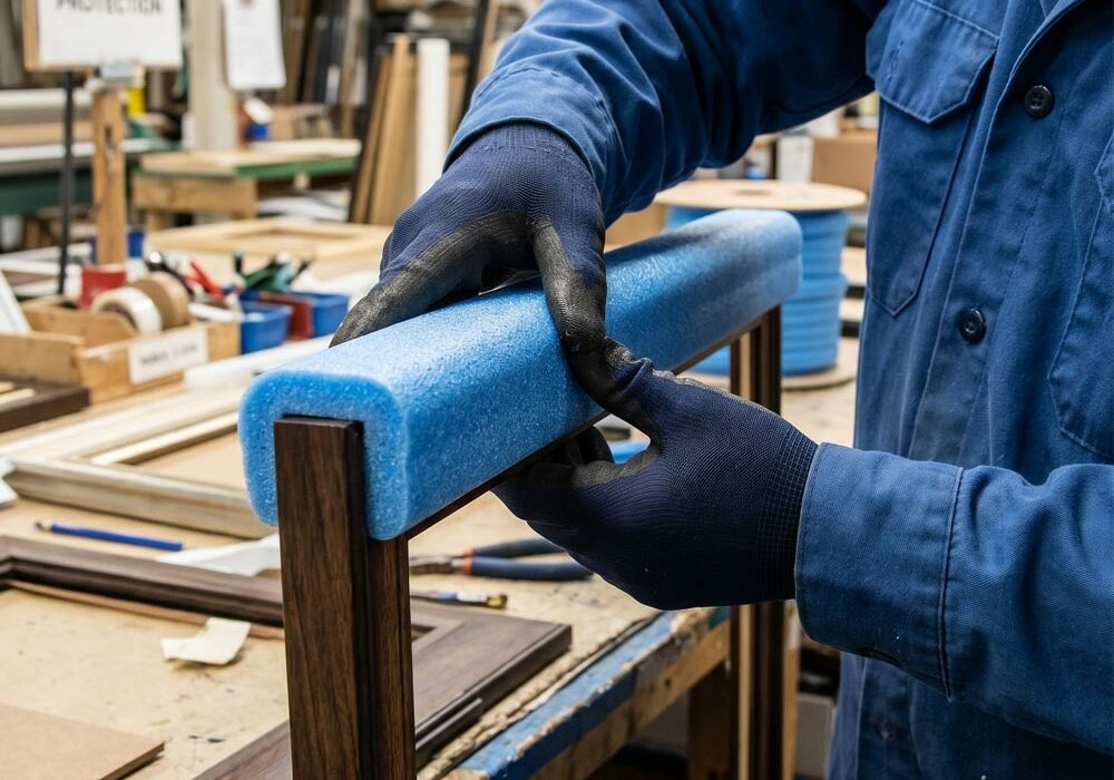 Foam edge protection A person putting foam edge protection on a product in a workshop