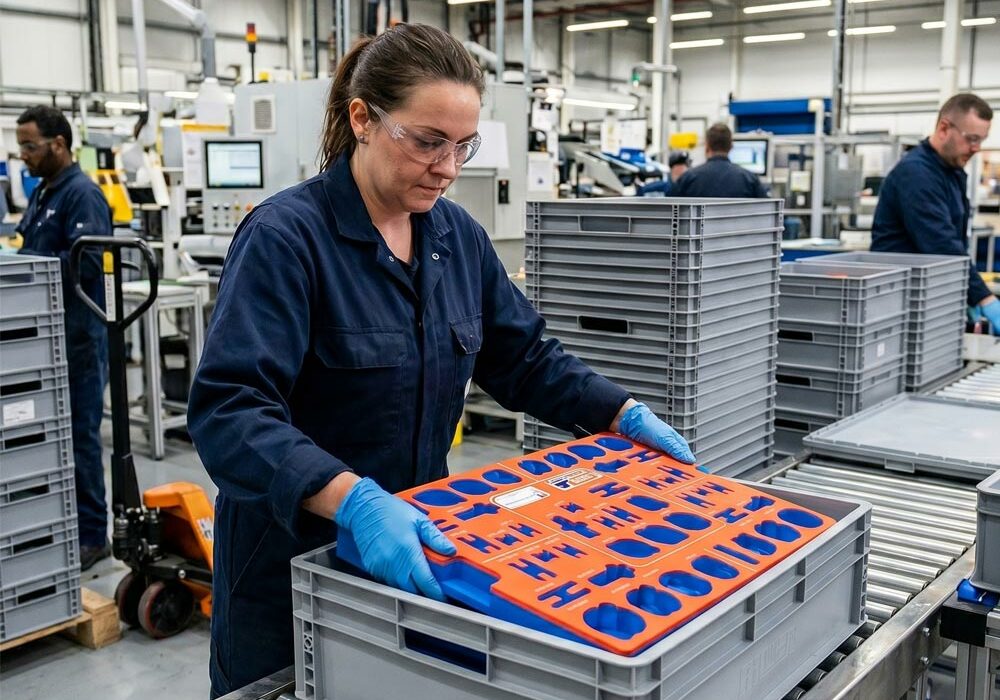 A person placing a foam handling tray into a container in a factory