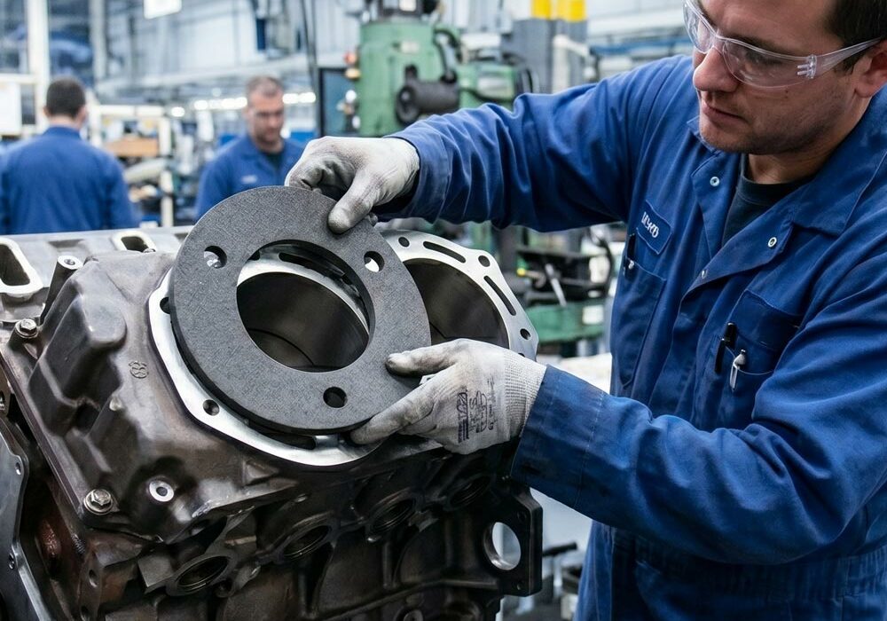 A person adding foam parts to an engine assembly in an automotive factory