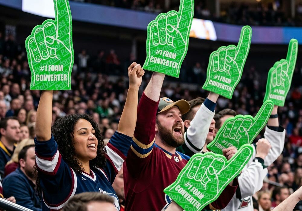 Promotional foam gifts People waving foam fingers in a crowd at a sports event