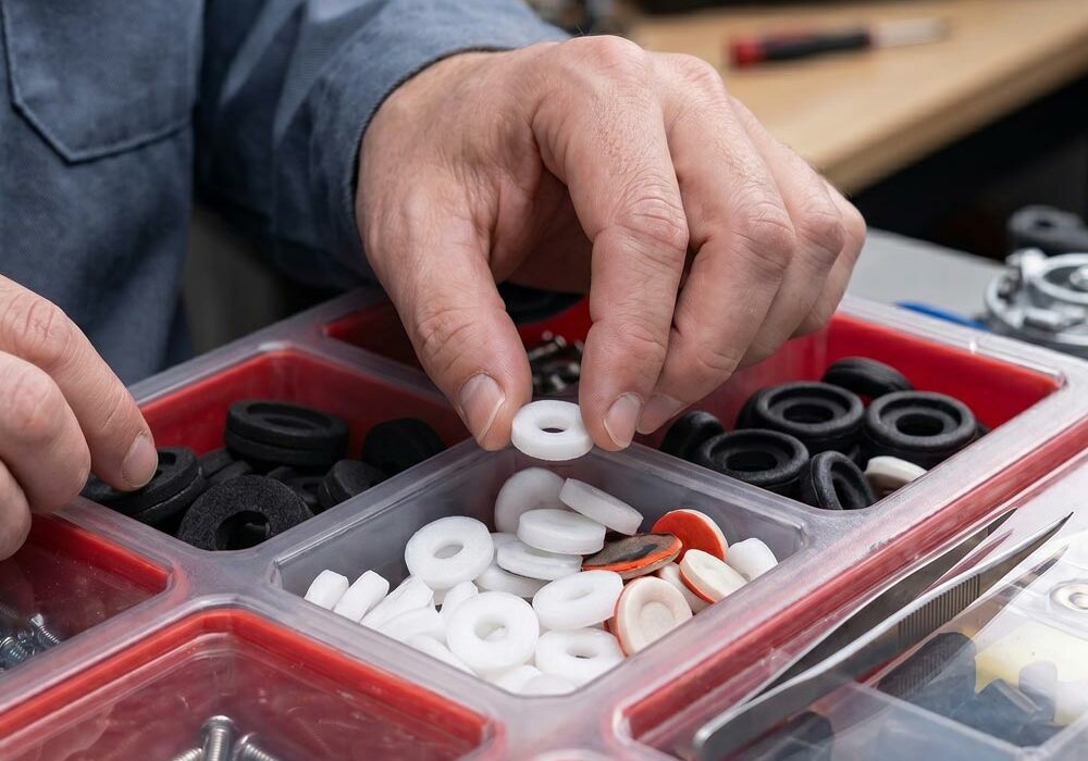 A person taking small foam parts out of a toolbox