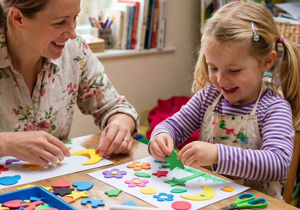 Small foam shapes A parent and their child using small foam shapes for an arts and craft project