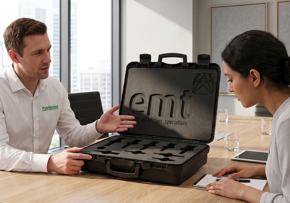 A person displaying a case with foam inserts to a customer in a meeting room